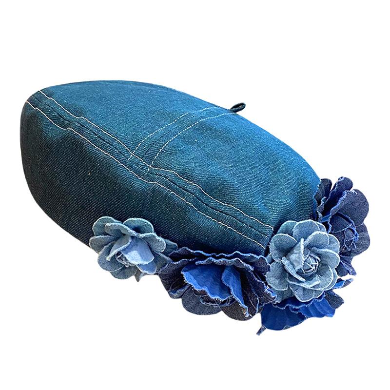 1PC Woman Vintage Blue Camellia Elegant Trendy Fashion Denim Fabric Painter Cap Beret
