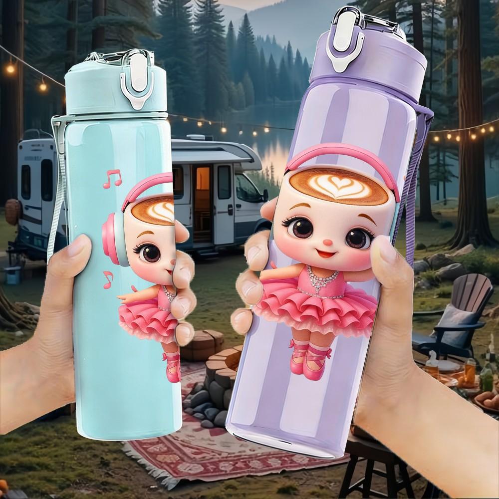 1PC Cute Doll Girl Character Pattern 750ml Color Plastic Sports Water Bottle Leakproof Flip Straw Lid Suitable for Sports Office Home Use