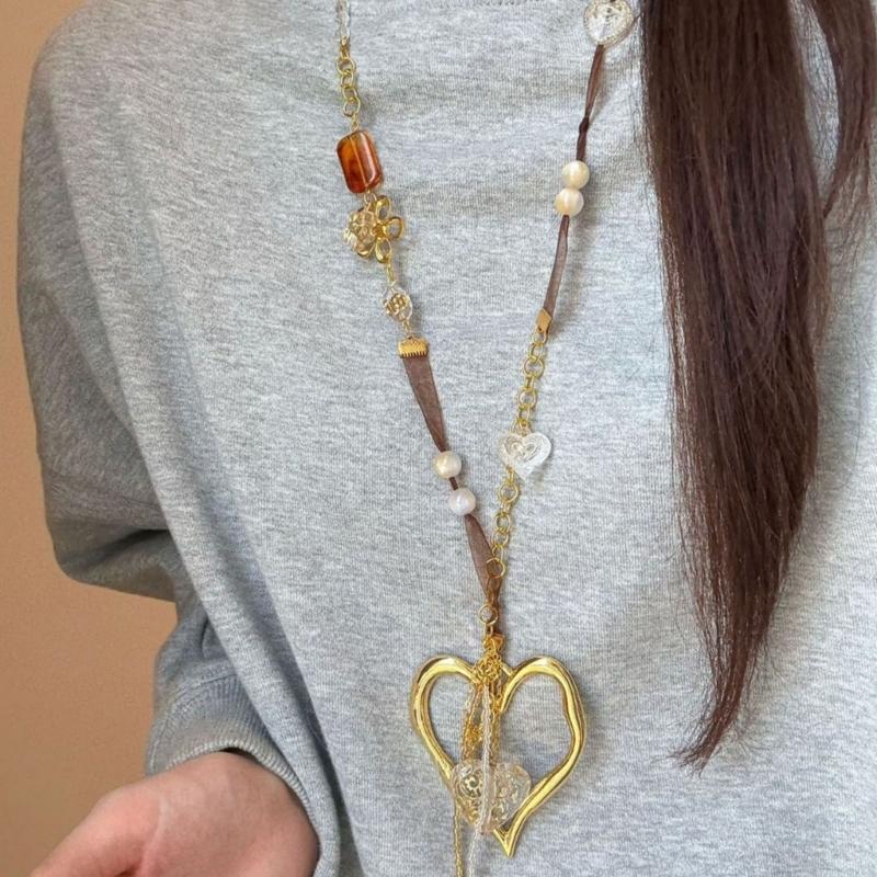 Artistic Gold Tone Heart Ethnic Necklace Long Layering Chain Winter Accessory For Sweaters And Coats Alloy Jewelry
