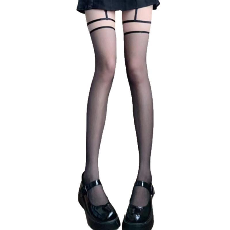 Sexy Reine Wind Weiß Seide Beinring Strumpfhalter Integrierte Socken in Verführung Kontrastfarbe Grau Overknee Strümpfe