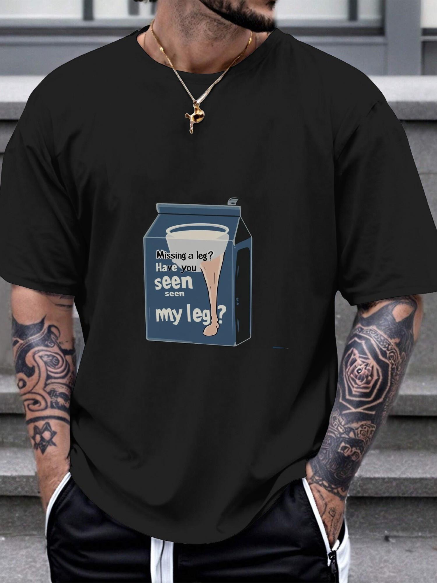 

1pc Humorous Can Milk See My Leg Graphic T-shirt - 180g Cotton Crew Neck Short Sleeve Tee with Cartoon Amputated Leg & Milk Carton Design S