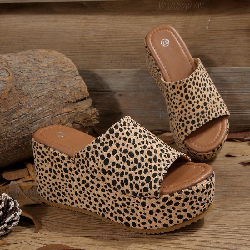 Leopard Print Platform Slide Sandals Women's Thick Sole Open Toe Wedge Heel Slippers for Women Casual Daily Wear Pantuflas Mujer