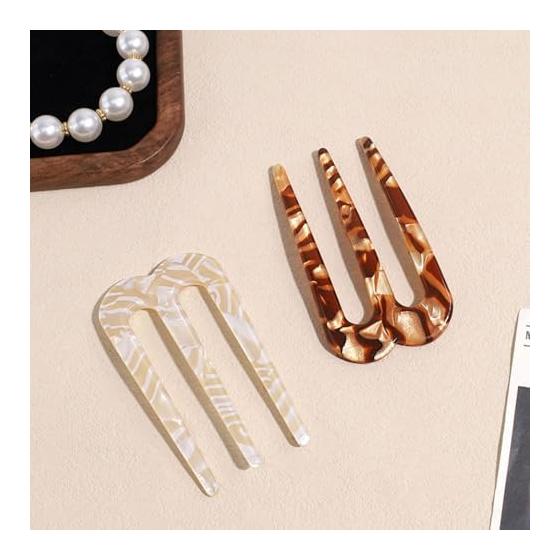 2pcs Hair Comb Hairpin U-shaped Hair Stick for Women, Marble Nuance Wave Updo Plastic Colored 5*8cm
