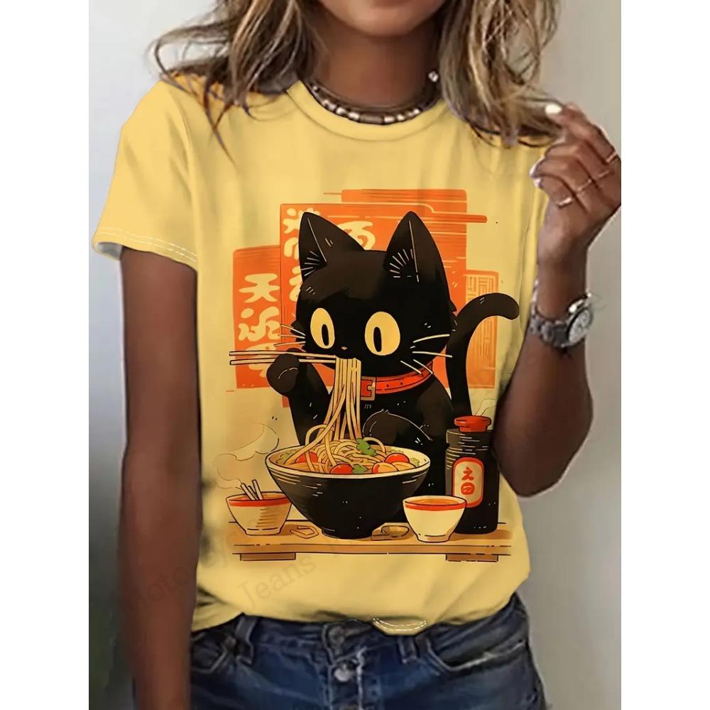 Anime Cat and Duck 3D Printed Pattern T-shirt for Women, Fashionable and Casual Cartoon Plus Size Short Sleeved Top T-shirt for Women, Clothing Animal