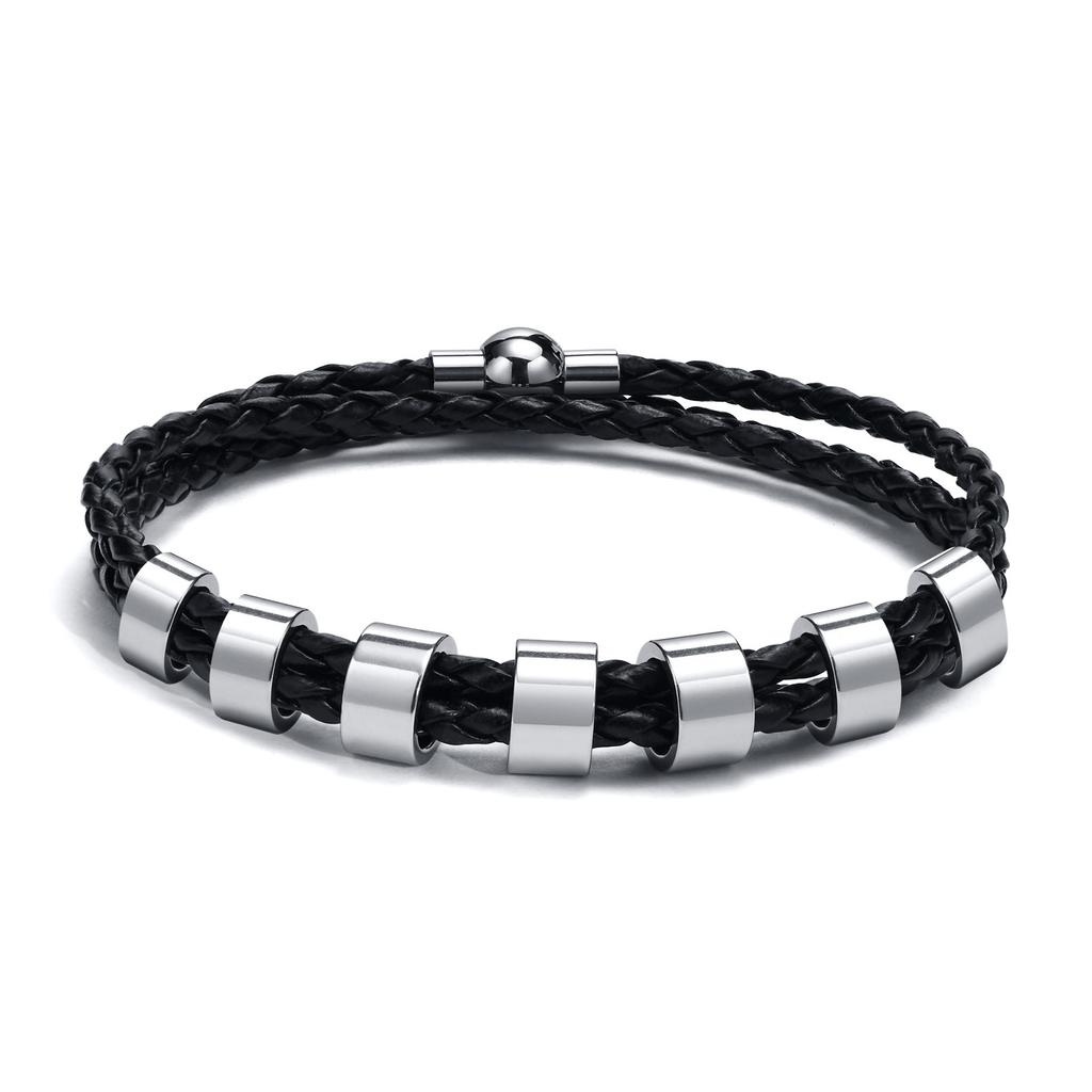 Vnox Free Custom Name Mens Braided Genuine Leather Bracelet Gifts Jewelry,Stainless Steel Beads Charm with Family Names,Dad Gift