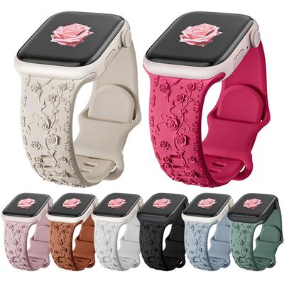 Floral Engraved Strap For Apple Watch Band 40mm 44mm 41mm 49mm 45mm 38mm 42mm Silicone Bracelet Iwatch Series 9 7 Se 6 8 Ultra 2