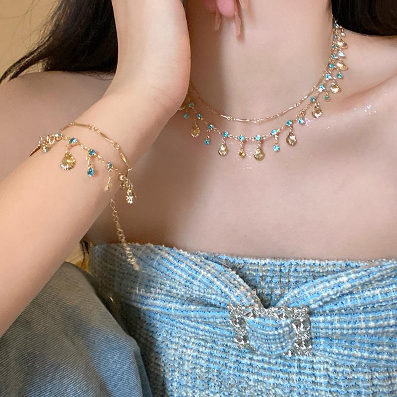 Versatile Tassel Blue Diamond Double-Layer Stacked Necklace Female Exotic Collarbone Chain High-End Unique Combination Neck Chain Bracelet