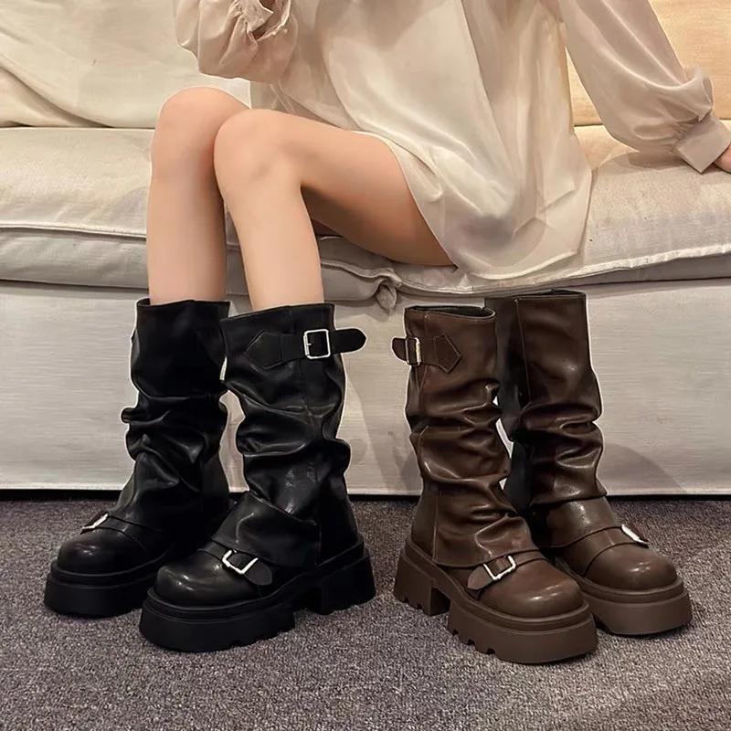 Fashion Women Western Cowgirl Booties Fashion Slip On Mid Calf Booties Retro Style Thick Heel Autumn Female Shoes 2025