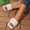 Luxury Pearl Bead Strap Slippers Women Summer Elegant Square Toe Flat Heel Slip On Sandals Silver Glitter Beach Slides