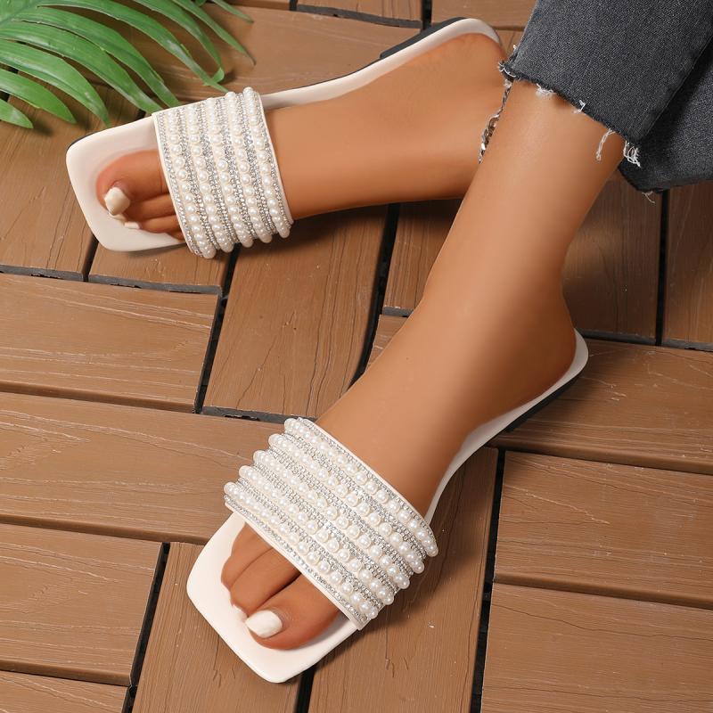 Luxury Pearl Bead Strap Slippers Women Summer Elegant Square Toe Flat Heel Slip On Sandals Silver Glitter Beach Slides