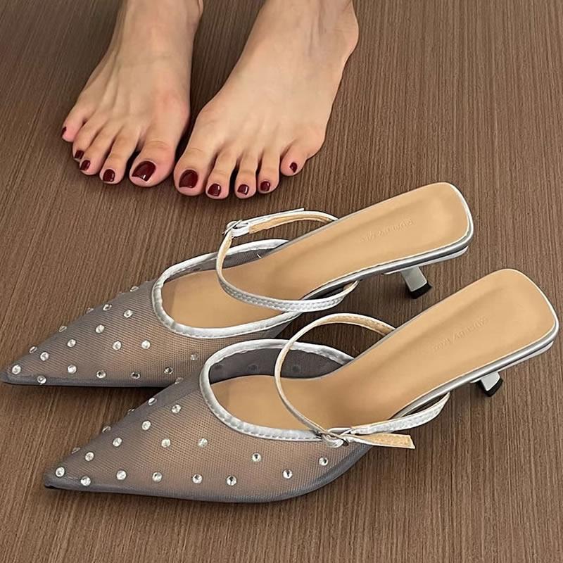 

Women s Slippers Crystal Mesh Pointed Toe Rhinestone High Heels Mules Sandals Buckle Strap Sexy Stilettos Slides Women Slippers 42 серебряный