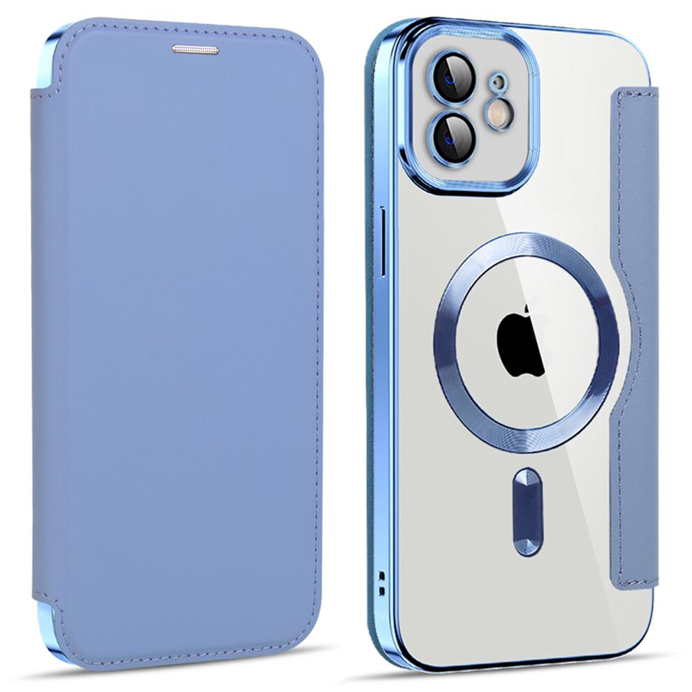 

For iPhone 11 6.1 inch Compatible with MagSafe RFID Blocking Card Slots Anti-drop PU Leather+TPU Electroplating Clear Back Flip Case with Lens Film Baby Blue