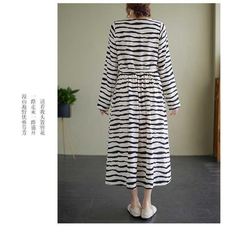 Vintage Literary Style Striped Printed Round Neck Long Sleeve Tie Dress