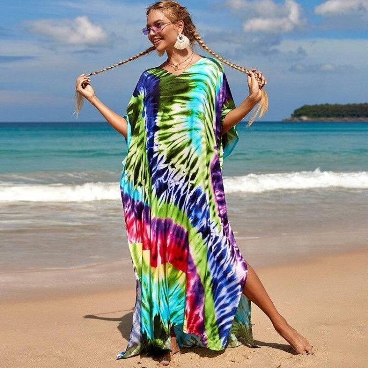 Colorful Printed Boho Beach Kaftan Dress Women Plus Size Maxi Summer Cover Up Rayon Bathing Suit
