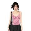 Pink plaid v-neck lace suspender vest women's summer Korean pure desire hottie slim slim short top