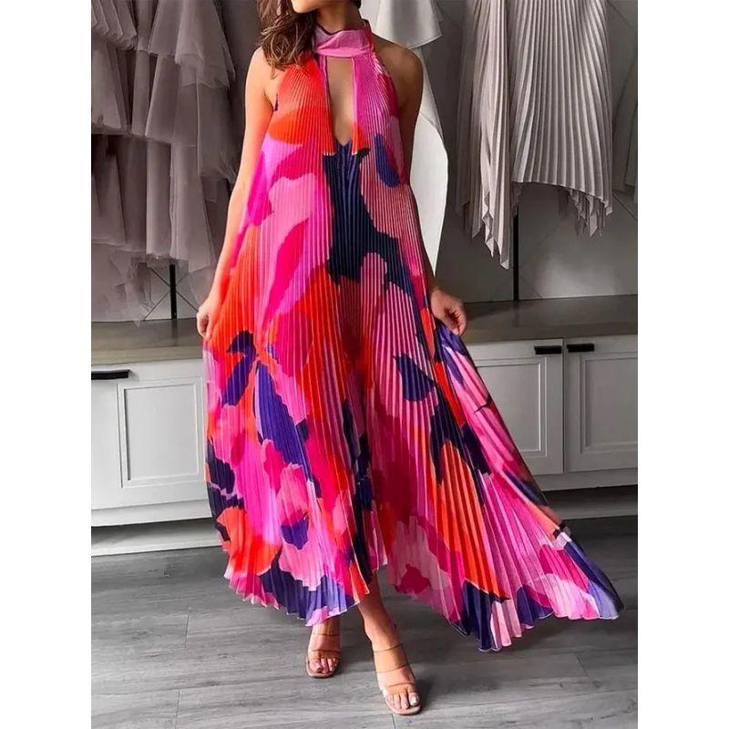 

Beach Photography Long dress Summer New Fashion Deep V Hanging Neck Backless Sleeve Print Pleat Big Hemline Dress Dress Rose Red M