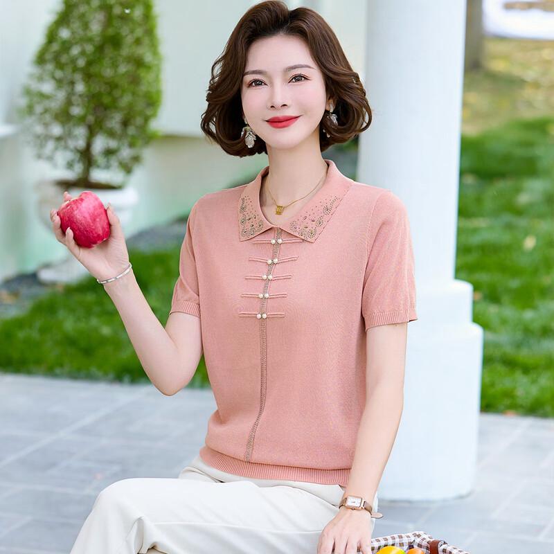 WoXue Women's New Chinese Style Ice Silk Knitted Short Sleeve T-Shirt