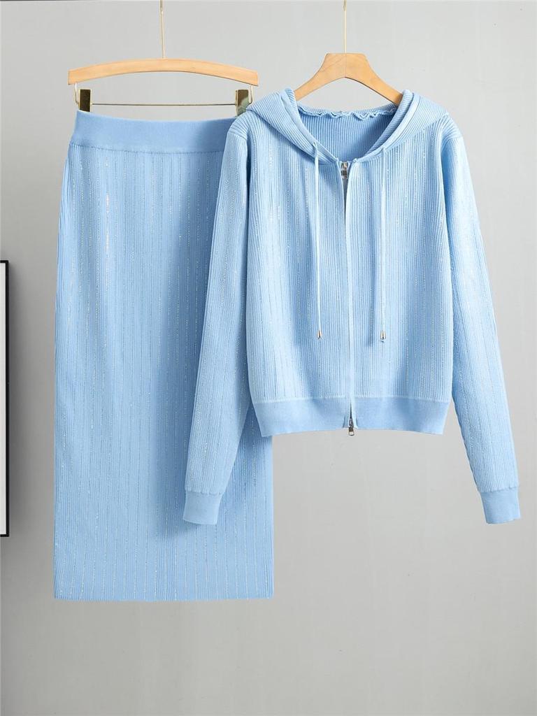 Elegant Korean Rhinestone Knit Cardigan & Skirt Set - Women's Spring/Autumn Two-Piece