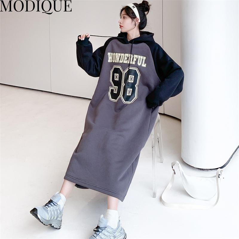 

MODIQUE, весенний женский свободный универсальный плюшевый пуловер больших размеров с буквенным принтом, лоскутный пуловер с капюшоном, женское повседневное платье с длинным рукавом