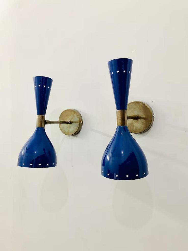 Italian Brass Wall Sconce: Mid Century Modern Shiny Blue Light Fixture