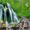 Waterfall Wallpaper Wooden Bridge Green Forest Wall Mural Living Room Decoration Bedroom 3d Waterfall Wallpaper