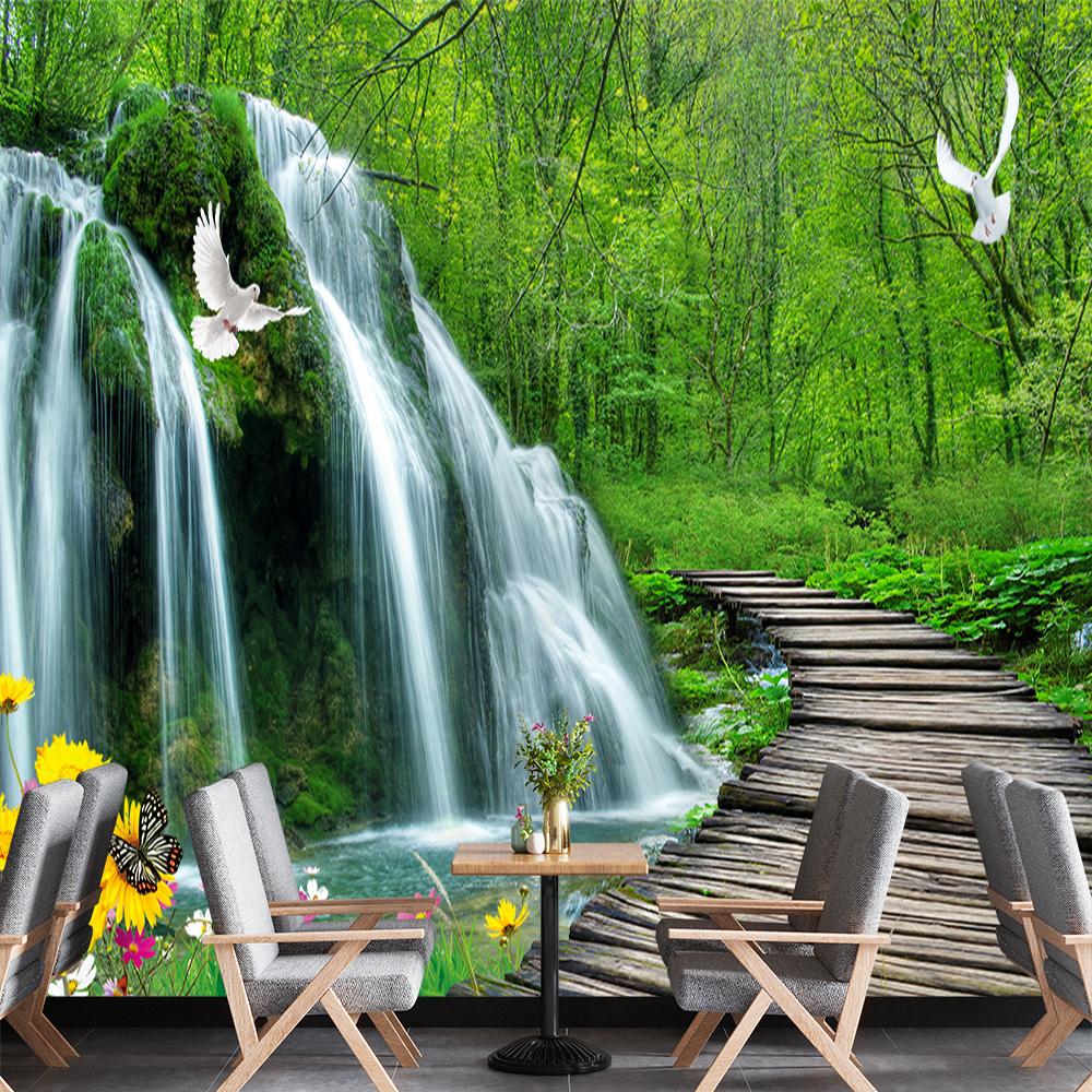 Waterfall Wallpaper Wooden Bridge Green Forest Wall Mural Living Room Decoration Bedroom 3d Waterfall Wallpaper