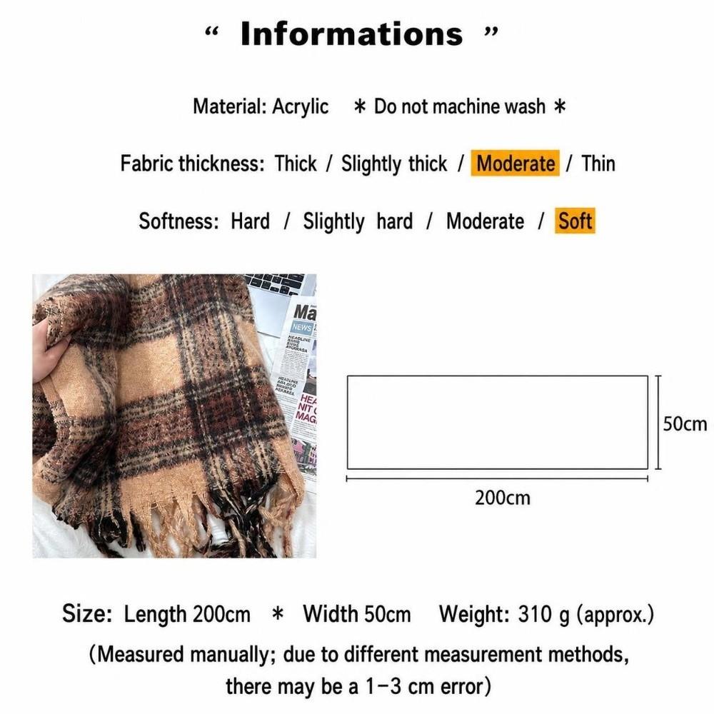 Warm Fleece Tassel Scarf Windproof Fall Winter Shawl Wrap Versatile Mohair Plaid Scarf  Girls