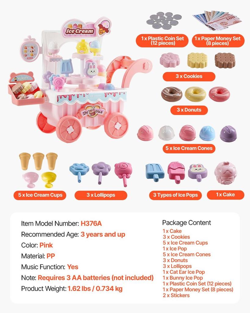 Ice Cream Cart for Kids Pretend Play Ice Cream Shop for Kids Aged 3+ Pink