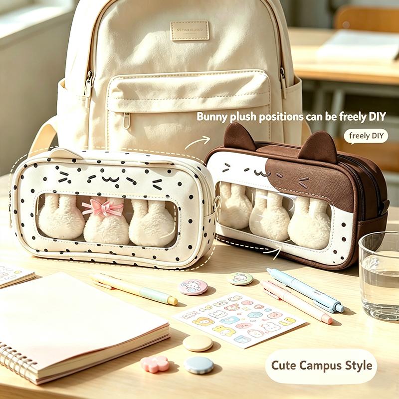 Kawaii Polka Dot Cat Pencil Case Large Capacity Clear Window Inner Pockets For Students School Stationery Storage