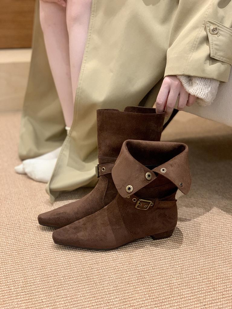 Coarse Heel Suede Medium Boots Women's 2025 Autumn and Winter Retro Spice Girl Style Western Cowboy Boots with Skirt Skinny Boots Short Boots