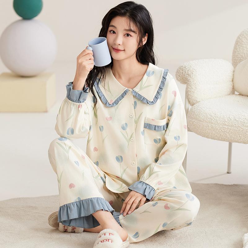Dámská bavlněná pyžamová souprava Podzim Zima Límec na klopu Roztomilé noční prádlo Princeznovský styl Noční oblečení Dámské s dlouhým rukávem Domácí oblečení