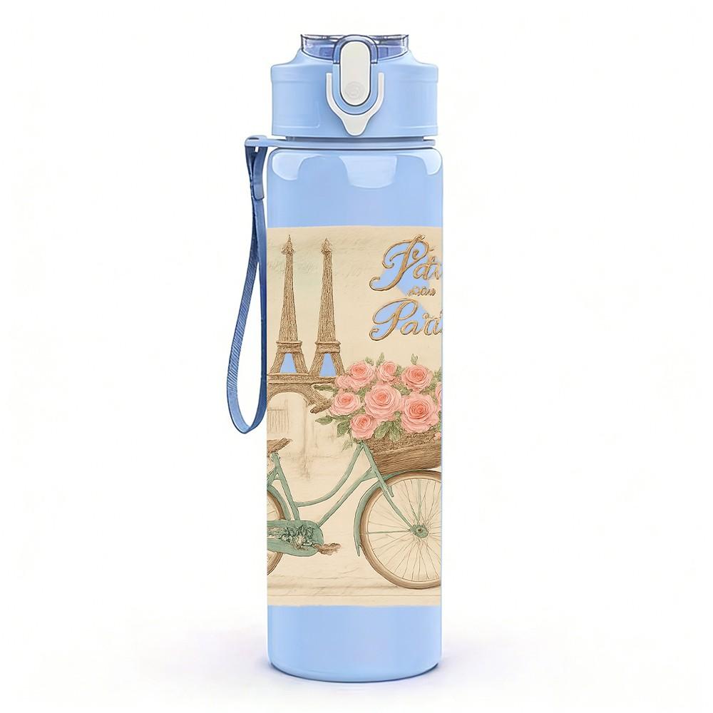 1PC Retro Bike Cherry Blossom Card 750ml Color Plastic Sports Water Bottle Leakproof Flip Straw Lid For Sports Office Home Use