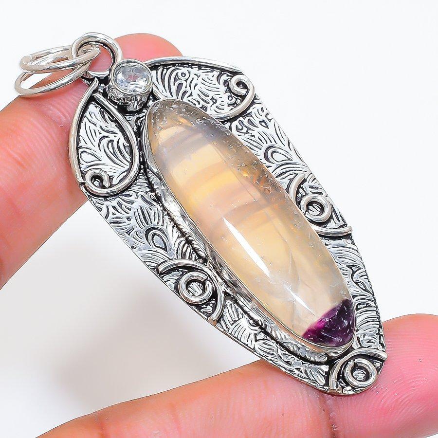 Natural Fluorite, Topaz Gemstone 925 Sterling Silver Jewelry Pendant 2.76" ZS-613