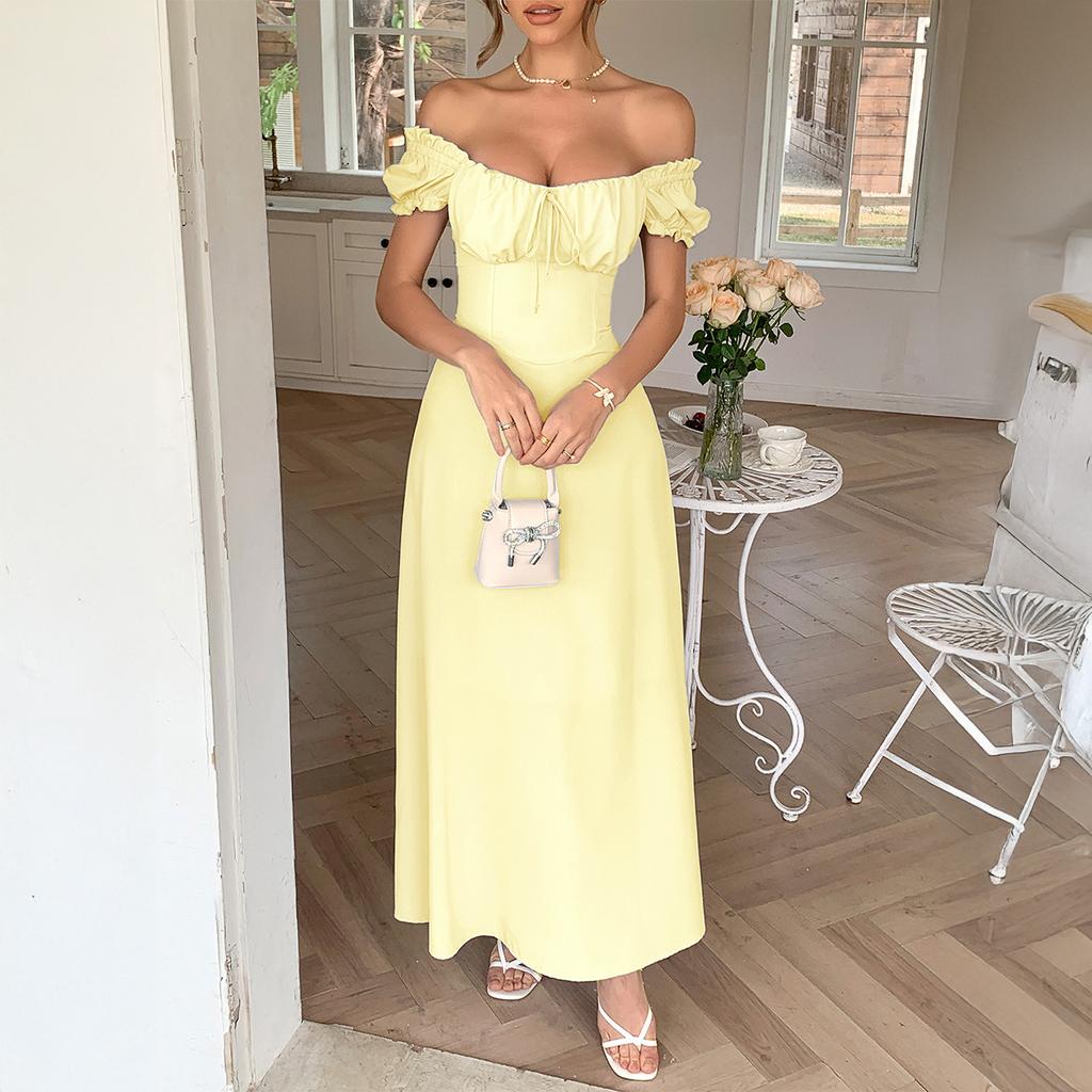 Elegant and Refined Short-sleeved One-shoulder Long Dress for Women's Spring and Summer