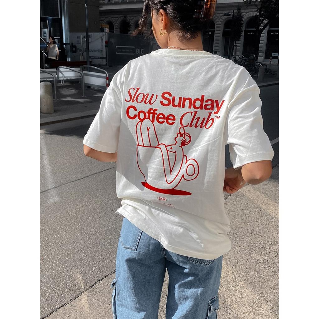 Koszulka Slow Sunday Coffee Club Letnia Codzienna Bawełniana Damska Męska 2026 Kolejna Bawełniana Krótki Rękaw Wygodna Oddychająca Damska Męska Odzież
