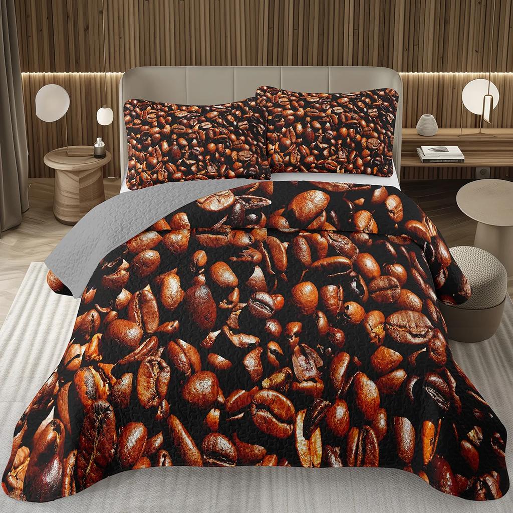 Single Twin Full Queen King Bedspread Set Coffee Bean Coverlet Set,Coffee Theme Bedding Set Coffee Lovers Gifts Room Decorations