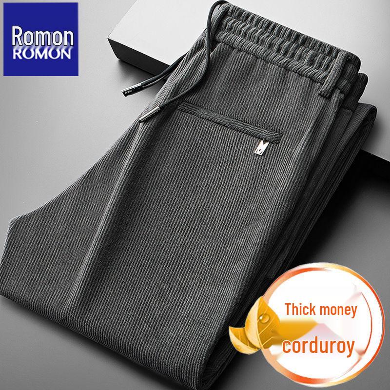 Romon Men's Fleece-Lined Corduroy Pants, Thickened Elastic Waist, Autumn/Winter Warm Casual Style.