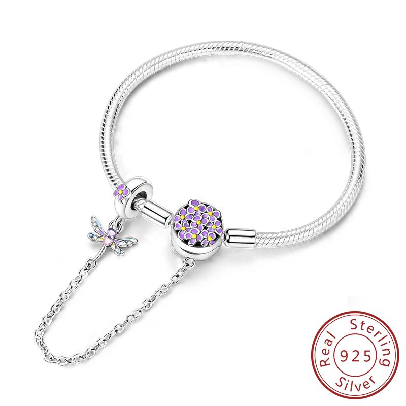 Original 925 Silver Bracelets 17-20CM Love Heart Flowers Butterfly Charms Beads Bracelet For Women Fashion Jewelry Gift