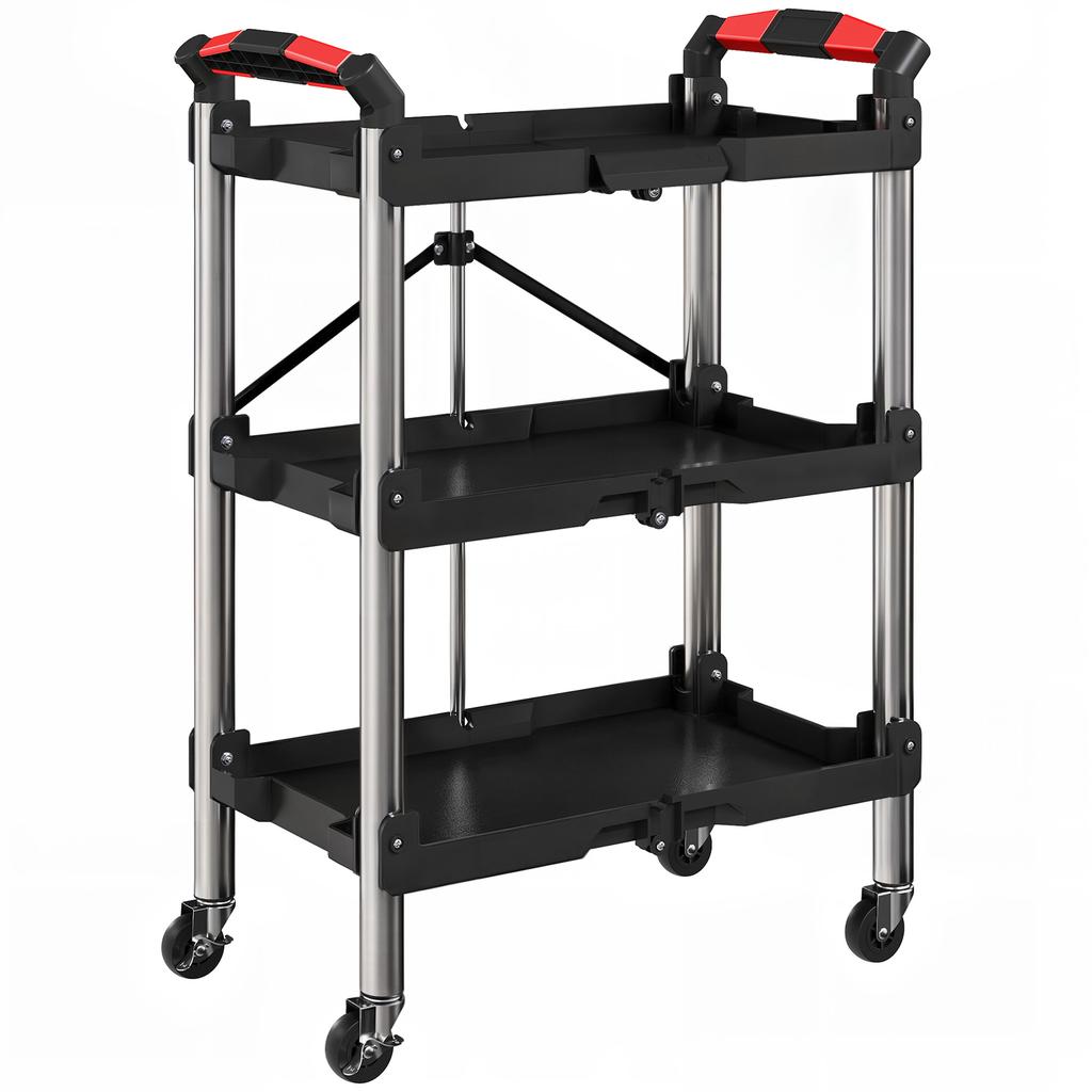 Foldable 3 Tier Tool Trolley Plastic Steel Black