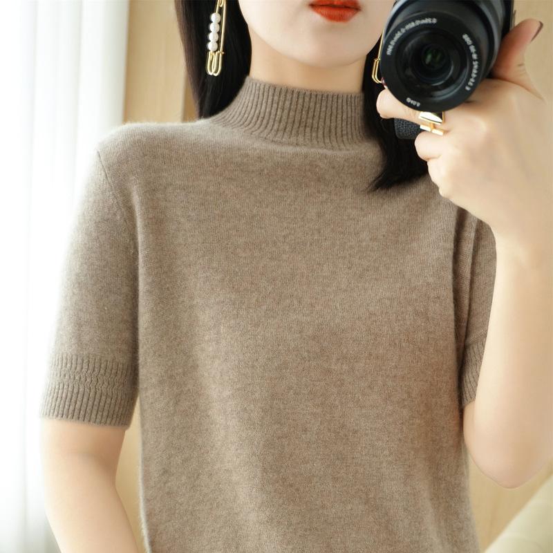 Spring and Summer Women's New Loose Half Turtleneck Mid-sleeve Short Pullover Solid Color Bottoming Sweater T-shirt