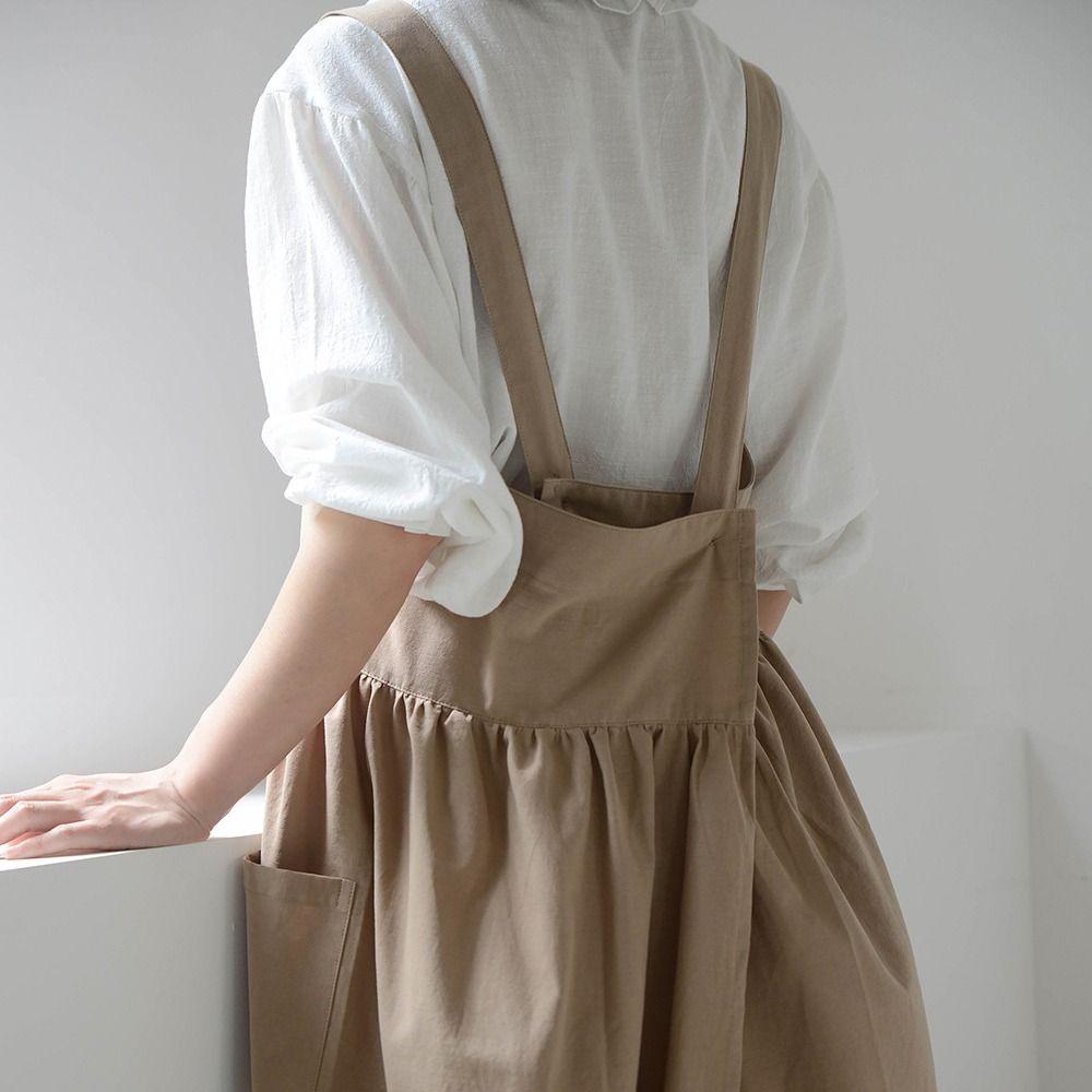Cotton Kitchen Apron Adjustable Straps Gardening Work Uniform Korean Style Apron  Baking