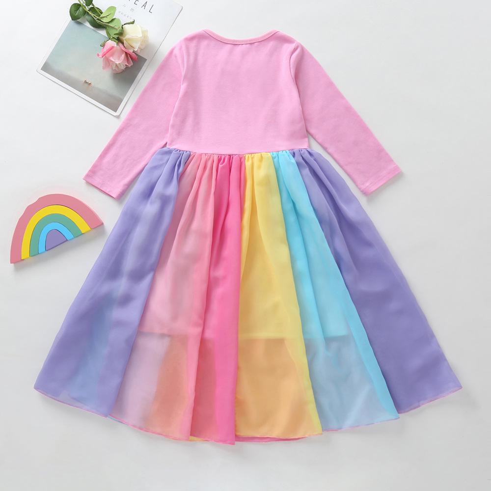 Rainbow Mesh Long Sleeve Dress for Girls - Autumn/Winter Princess Skirt