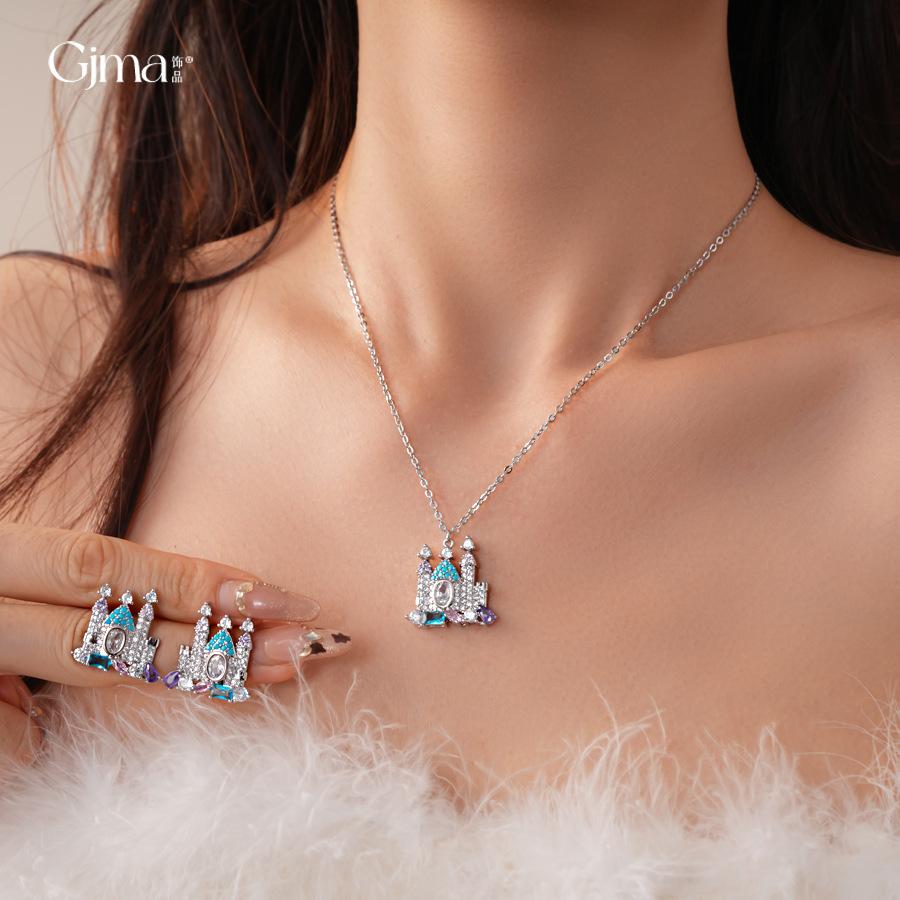 French court style zircon geometric castle earrings stud earrings exquisite personality earrings