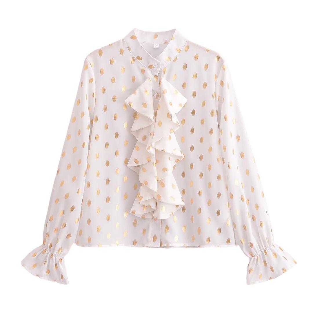 

Зимняя женская рубашка в горошек с золотой фольгой и оборками, длинный рукав - Мода в европейском и американском стиле Large