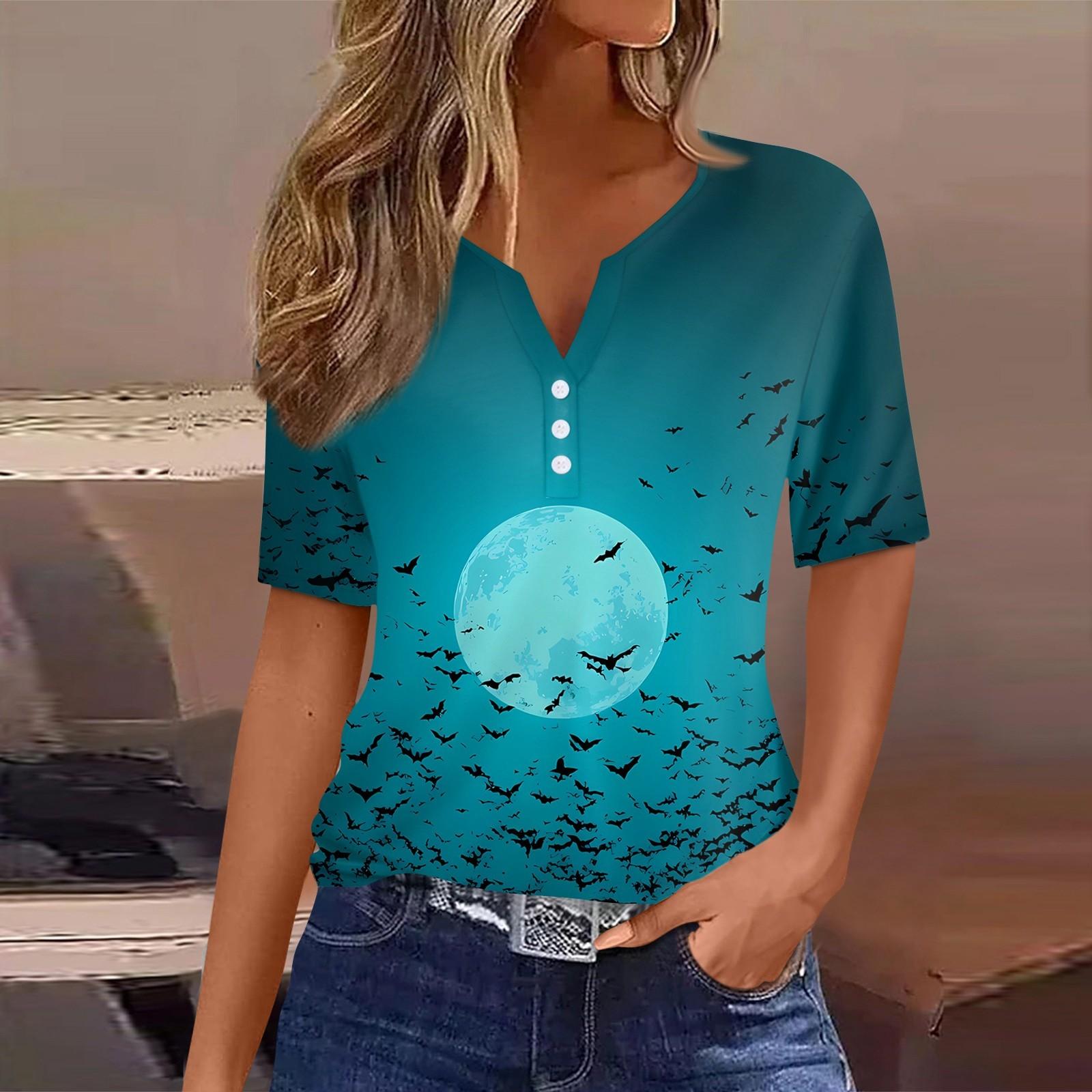 

Женская футболка с принтом на Хэллоуин, на пуговицах, с коротким рукавом, повседневная, для выходных, модная, базовая, с V-образным вырезом, обычный топ S циан