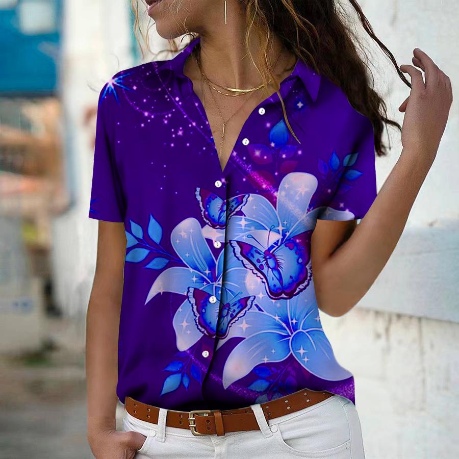 2025 Sommer Neue Mode Damen Rosenbedrucktes Kurzarm V-Ausschnitt Lässig Durchgeknöpftes Hemd Top
