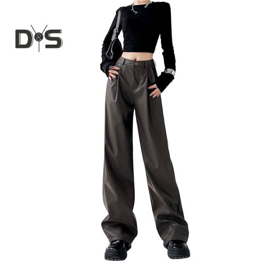 

Женские весенние брюки с высокой талией, широкие брюки из искусственной кожи с карманами, однотонные прямые широкие брюки M хаки