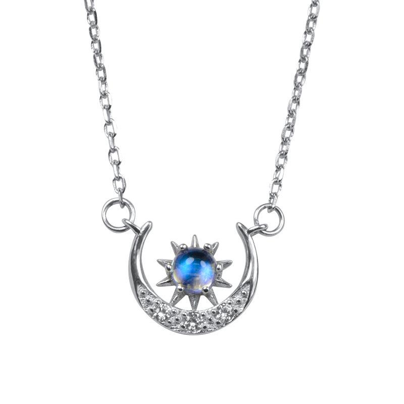 Collana con Ciondolo in Argento Sterling 925 Placcato Oro Pietra di Luna per Donne: Sole, Luna, Stelle. Semplice Collana Clavicola Stile Foresta.