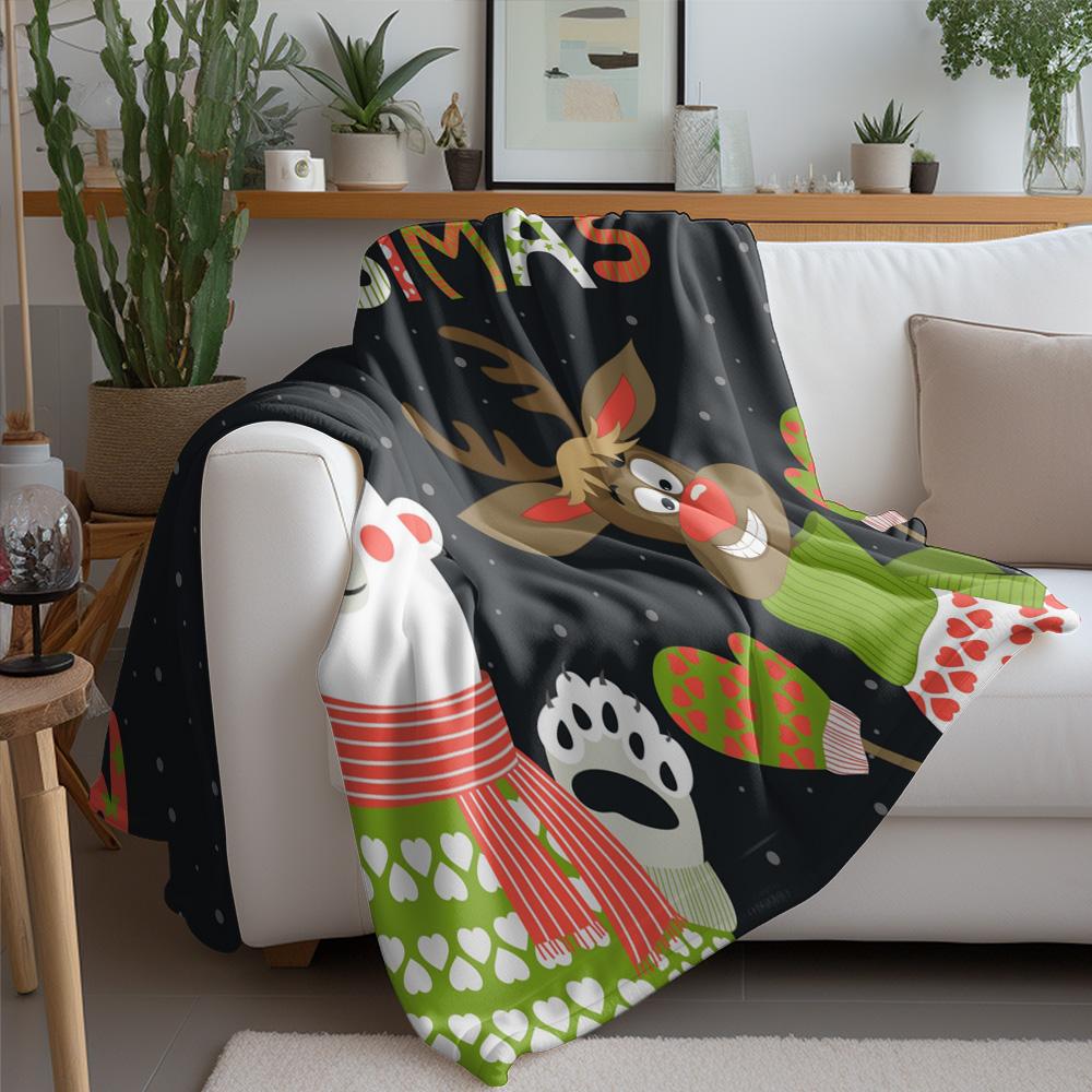 TU Cozy Christmas Blanket Flannel Throw Reindeer Elk Festive Holiday Deer Winter Warm Soft Home Decor Gift