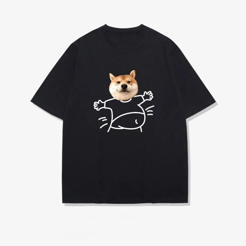 2025 Autumn and Winter Fashionable and Comfortable Cotton T-shirt Big-bellied Dog Print Men's Women's Large-size Couple T-shirt